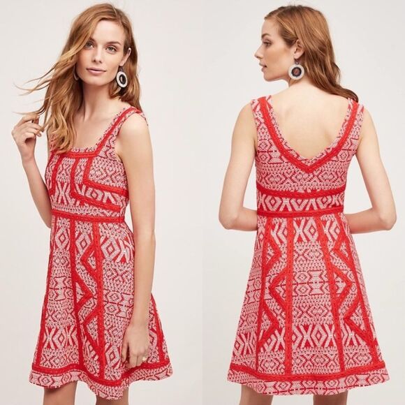 Anthropologie Maeve Red & White Tribal Print Crochet Lace Fit & Flare Dress - Picture 1 of 15